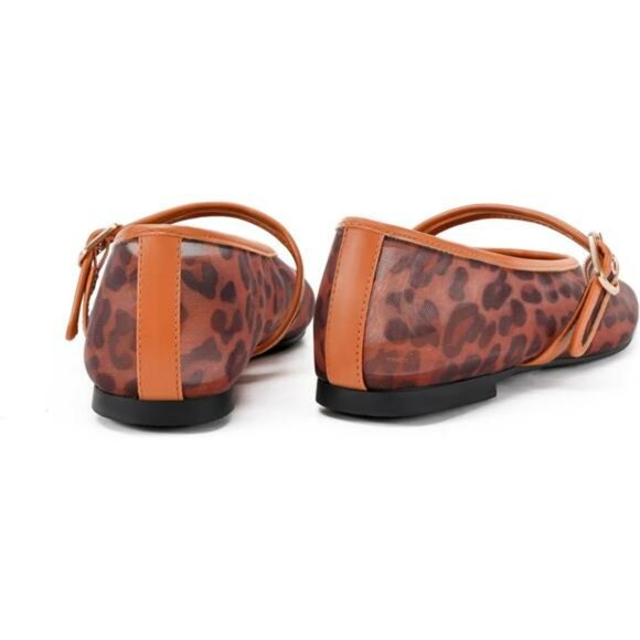 Leopard Mesh Ballet Flats Square Toe Mary Jane Buckle Dress Shoes Women - Picture 6 of 7